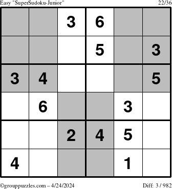 The grouppuzzles.com Easy SuperSudoku-Junior puzzle for Wednesday April 24, 2024