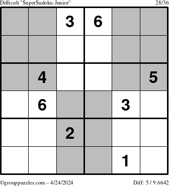 The grouppuzzles.com Difficult SuperSudoku-Junior puzzle for Wednesday April 24, 2024