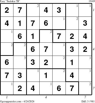 The grouppuzzles.com Easy Sudoku-7B puzzle for Wednesday April 24, 2024 with all 3 steps marked