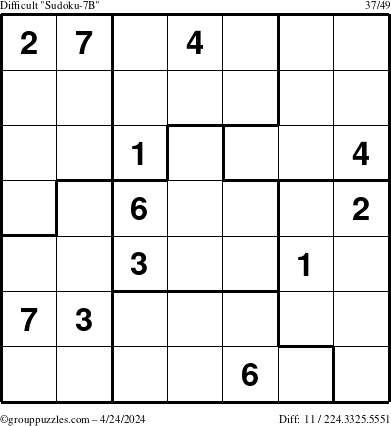 The grouppuzzles.com Difficult Sudoku-7B puzzle for Wednesday April 24, 2024