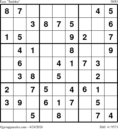 The grouppuzzles.com Easy Sudoku puzzle for Wednesday April 24, 2024