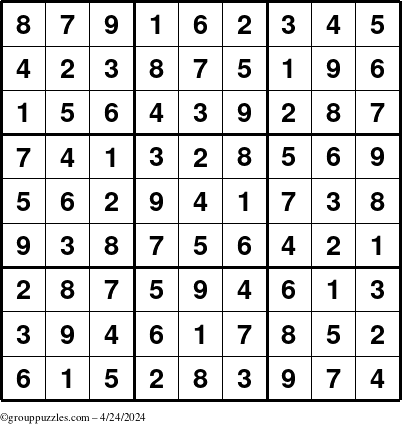 The grouppuzzles.com Answer grid for the Sudoku puzzle for Wednesday April 24, 2024