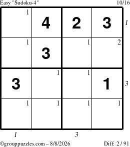 The grouppuzzles.com Easy Sudoku-4 puzzle for Saturday August 8, 2026 with all 2 steps marked