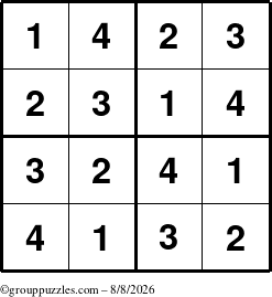 The grouppuzzles.com Answer grid for the Sudoku-4 puzzle for Saturday August 8, 2026