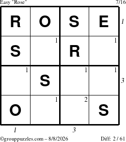 The grouppuzzles.com Easy Rose puzzle for Saturday August 8, 2026, suitable for printing, with all 2 steps marked