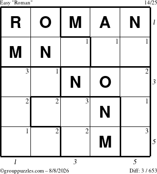 The grouppuzzles.com Easy Roman puzzle for Saturday August 8, 2026, suitable for printing, with all 3 steps marked