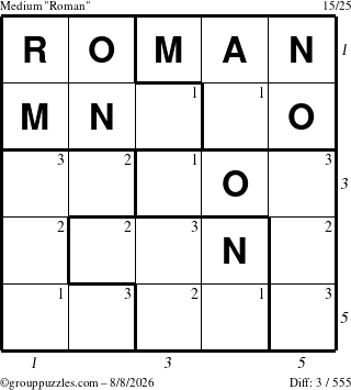 The grouppuzzles.com Medium Roman puzzle for Saturday August 8, 2026, suitable for printing, with all 3 steps marked