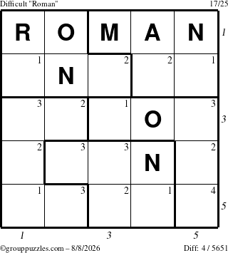 The grouppuzzles.com Difficult Roman puzzle for Saturday August 8, 2026, suitable for printing, with all 4 steps marked