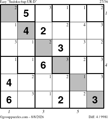The grouppuzzles.com Easy Sudoku-6up-UR-D puzzle for Saturday August 8, 2026 with all 4 steps marked