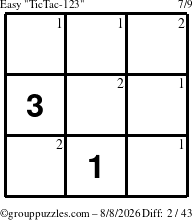 The grouppuzzles.com Easy TicTac-123 puzzle for Saturday August 8, 2026 with the first 2 steps marked
