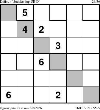 The grouppuzzles.com Difficult Sudoku-6up-UR-D puzzle for Saturday August 8, 2026