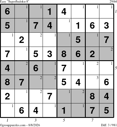 The grouppuzzles.com Easy SuperSudoku-8 puzzle for Saturday August 8, 2026, suitable for printing, with all 3 steps marked