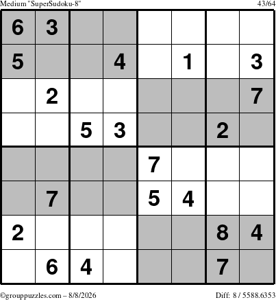 The grouppuzzles.com Medium SuperSudoku-8 puzzle for Saturday August 8, 2026