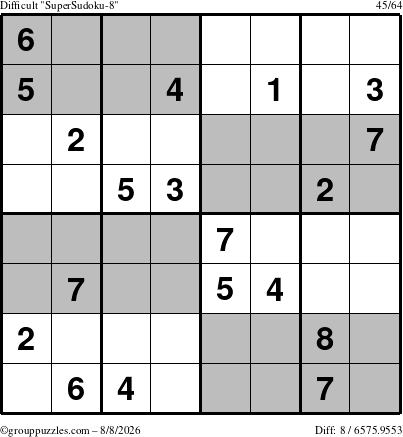 The grouppuzzles.com Difficult SuperSudoku-8 puzzle for Saturday August 8, 2026
