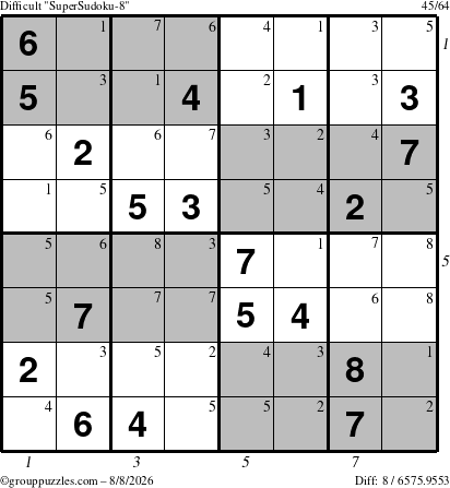 The grouppuzzles.com Difficult SuperSudoku-8 puzzle for Saturday August 8, 2026 with all 8 steps marked