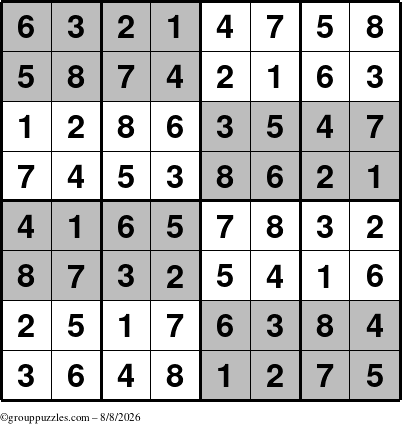 The grouppuzzles.com Answer grid for the SuperSudoku-8 puzzle for Saturday August 8, 2026