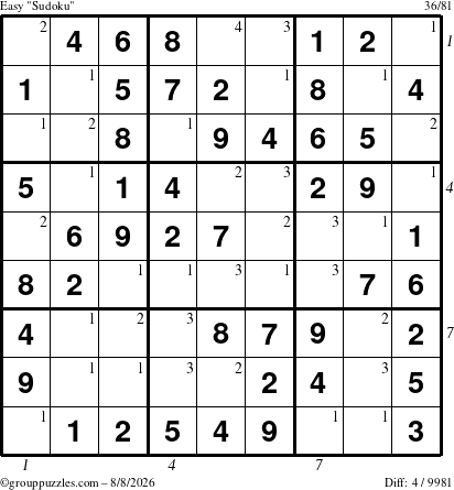 The grouppuzzles.com Easy Sudoku puzzle for Saturday August 8, 2026, suitable for printing, with all 4 steps marked