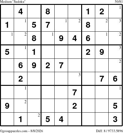 The grouppuzzles.com Medium Sudoku puzzle for Saturday August 8, 2026 with the first 3 steps marked