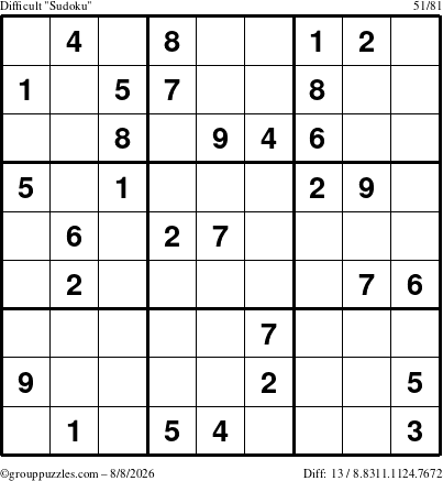 The grouppuzzles.com Difficult Sudoku puzzle for Saturday August 8, 2026