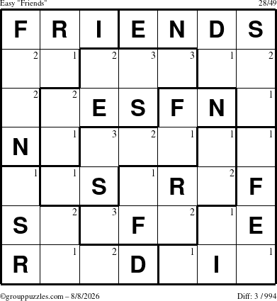 The grouppuzzles.com Easy Friends puzzle for Saturday August 8, 2026 with the first 3 steps marked