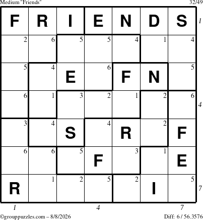 The grouppuzzles.com Medium Friends puzzle for Saturday August 8, 2026, suitable for printing, with all 6 steps marked