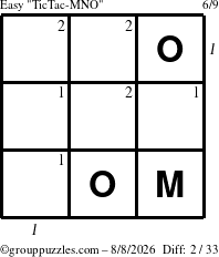 The grouppuzzles.com Easy TicTac-MNO puzzle for Saturday August 8, 2026, suitable for printing, with all 2 steps marked