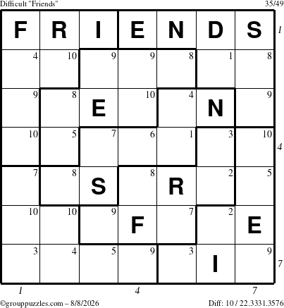 The grouppuzzles.com Difficult Friends puzzle for Saturday August 8, 2026 with all 10 steps marked