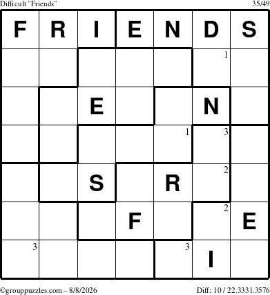 The grouppuzzles.com Difficult Friends puzzle for Saturday August 8, 2026 with the first 3 steps marked