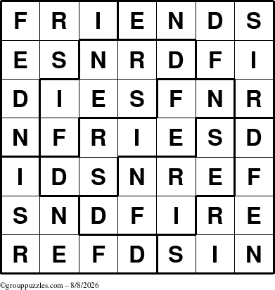 The grouppuzzles.com Answer grid for the Friends puzzle for Saturday August 8, 2026