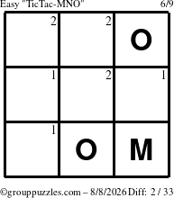 The grouppuzzles.com Easy TicTac-MNO puzzle for Saturday August 8, 2026 with the first 2 steps marked