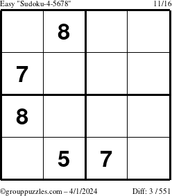 The grouppuzzles.com Easy Sudoku-4-5678 puzzle for Monday April 1, 2024