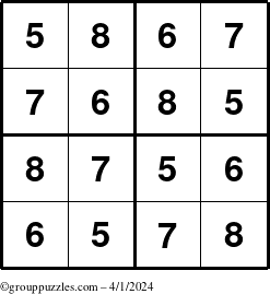 The grouppuzzles.com Answer grid for the Sudoku-4-5678 puzzle for Monday April 1, 2024