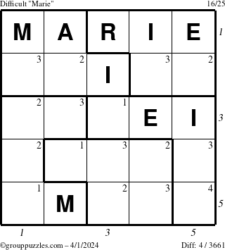 The grouppuzzles.com Difficult Marie puzzle for Monday April 1, 2024 with all 4 steps marked