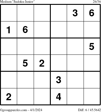 The grouppuzzles.com Medium Sudoku-Junior puzzle for Monday April 1, 2024