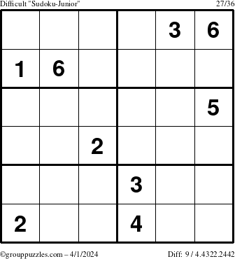 The grouppuzzles.com Difficult Sudoku-Junior puzzle for Monday April 1, 2024