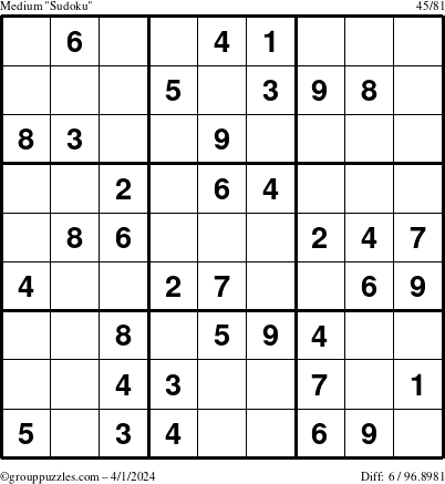 The grouppuzzles.com Medium Sudoku puzzle for Monday April 1, 2024