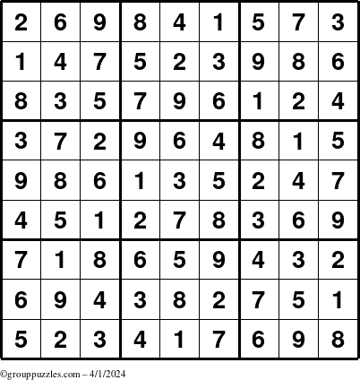 The grouppuzzles.com Answer grid for the Sudoku puzzle for Monday April 1, 2024