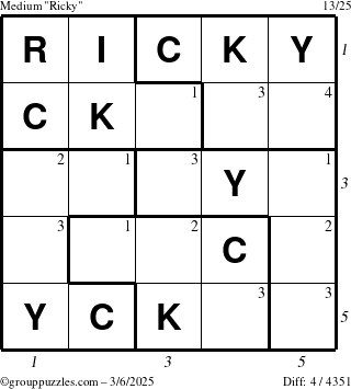 The grouppuzzles.com Medium Ricky puzzle for Thursday March 6, 2025, suitable for printing, with all 4 steps marked