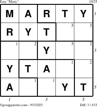 The grouppuzzles.com Easy Marty puzzle for Wednesday September 3, 2025, suitable for printing, with all 3 steps marked