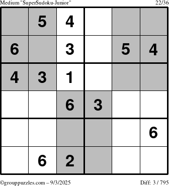 The grouppuzzles.com Medium SuperSudoku-Junior puzzle for Wednesday September 3, 2025