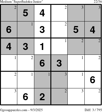 The grouppuzzles.com Medium SuperSudoku-Junior puzzle for Wednesday September 3, 2025 with the first 3 steps marked