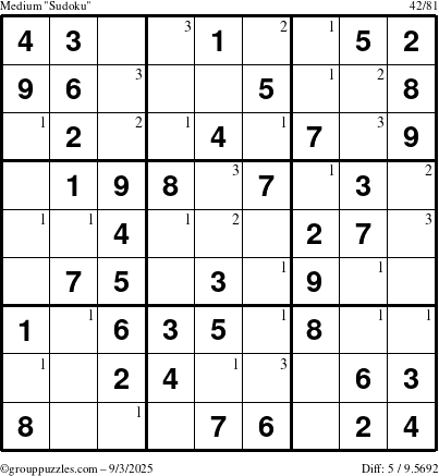 The grouppuzzles.com Medium Sudoku puzzle for Wednesday September 3, 2025 with the first 3 steps marked