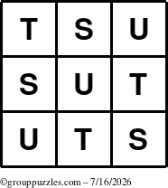 The grouppuzzles.com Answer grid for the TicTac-STU puzzle for Thursday July 16, 2026
