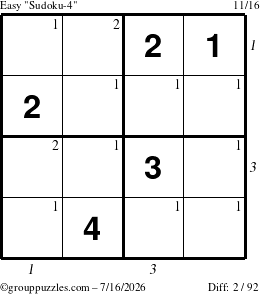 The grouppuzzles.com Easy Sudoku-4 puzzle for Thursday July 16, 2026 with all 2 steps marked