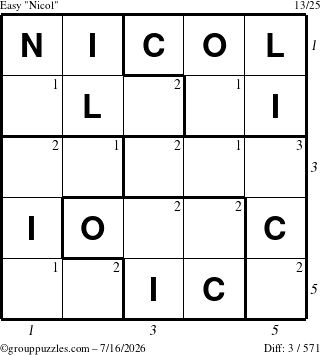 The grouppuzzles.com Easy Nicol puzzle for Thursday July 16, 2026, suitable for printing, with all 3 steps marked