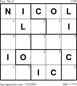 The grouppuzzles.com Easy Nicol puzzle for Thursday July 16, 2026 with the first 3 steps marked