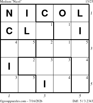 The grouppuzzles.com Medium Nicol puzzle for Thursday July 16, 2026 with all 5 steps marked