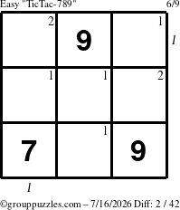 The grouppuzzles.com Easy TicTac-789 puzzle for Thursday July 16, 2026, suitable for printing, with all 2 steps marked
