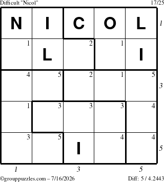 The grouppuzzles.com Difficult Nicol puzzle for Thursday July 16, 2026 with all 5 steps marked