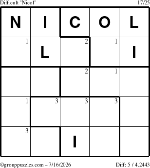 The grouppuzzles.com Difficult Nicol puzzle for Thursday July 16, 2026 with the first 3 steps marked